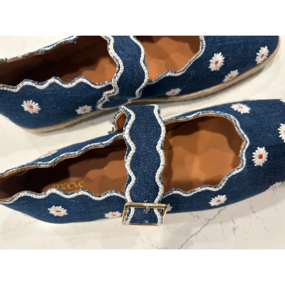 Maeve Mary Jane Flats Blue Denim Daisy Embroidered Scalloped Espadrille Shoes - Picture 5 of 6